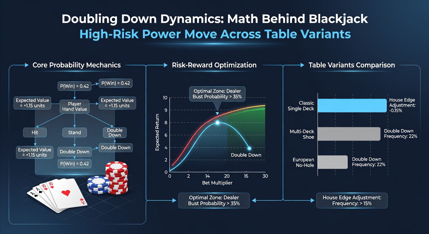 Detaillierte Strategietabelle für Doubling Down in Multi-Deck-Blackjack, mit farbigen Markierungen für optimale Moves